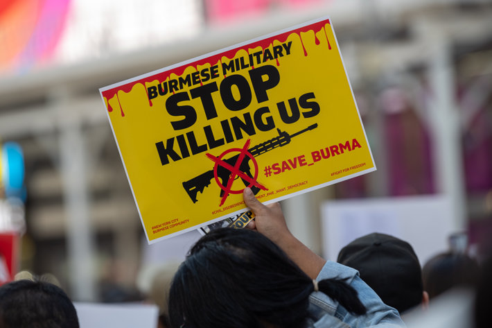 Protest against Burmese military in Times Square, New York, in March 2021 (Photo by AlexiRosenfeld, Shutterstock.com)