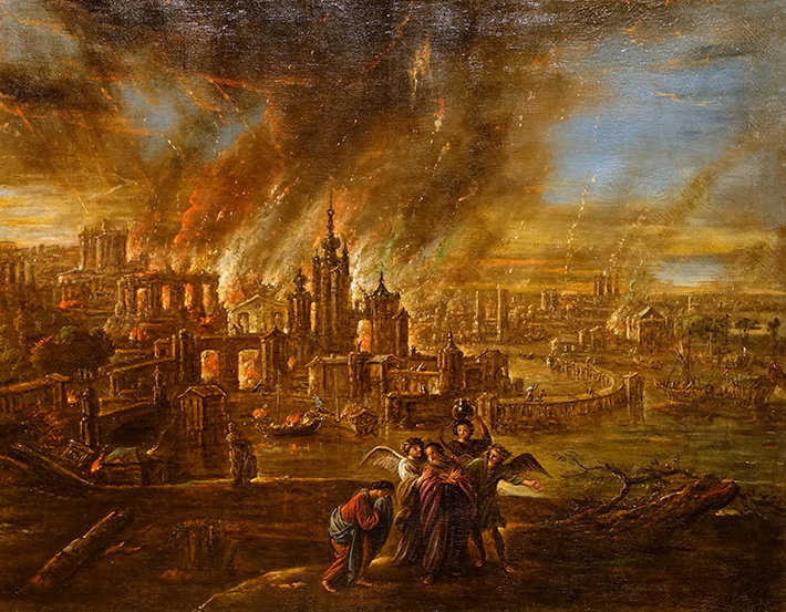 Sodom and Gomorrah afire by Jacob de Wet II, 1680 (public domain)